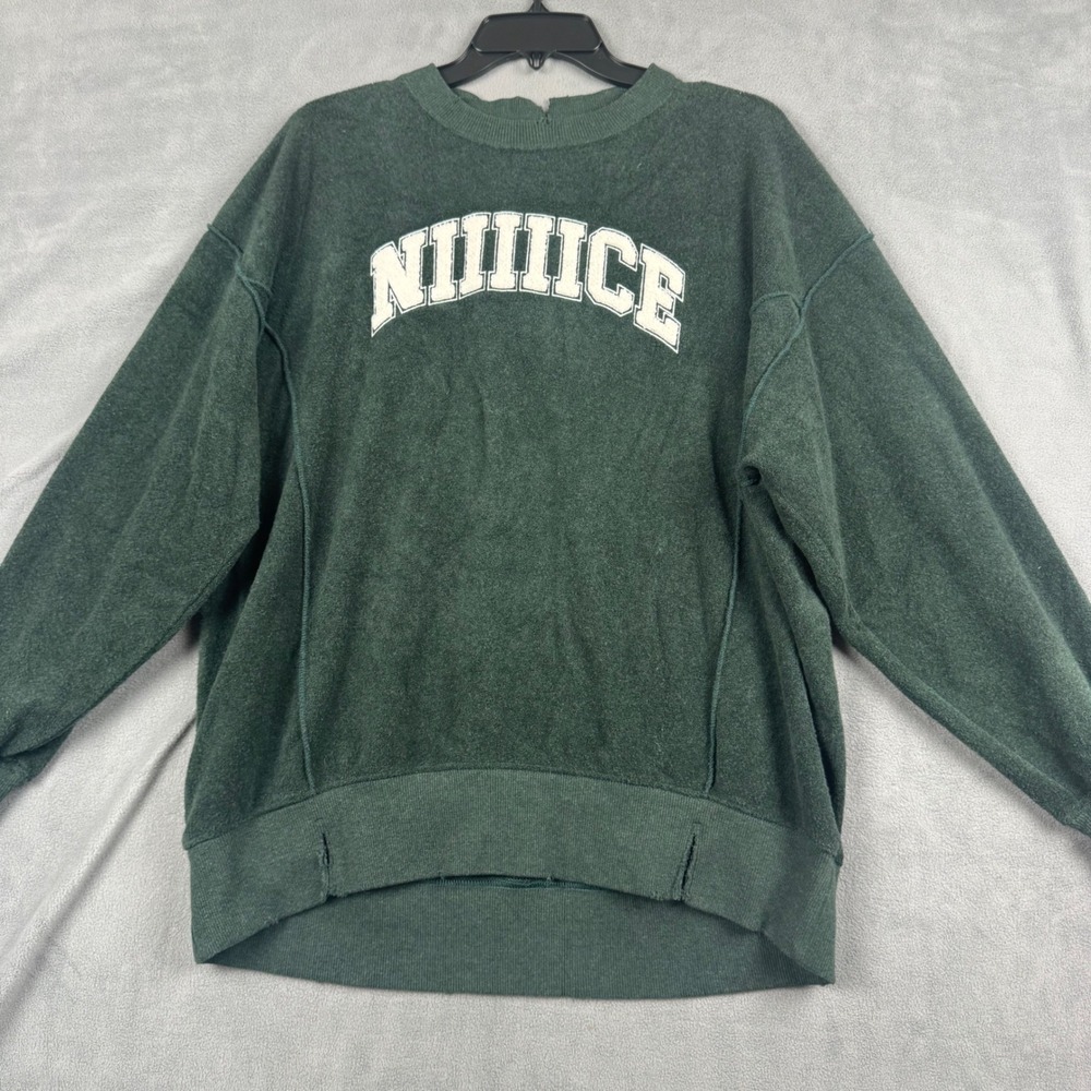 Aerie NIIIIICE Graphic Oversized Sweatshirt Forest Green Distressed XS 39962246 - Picture 1 of 9